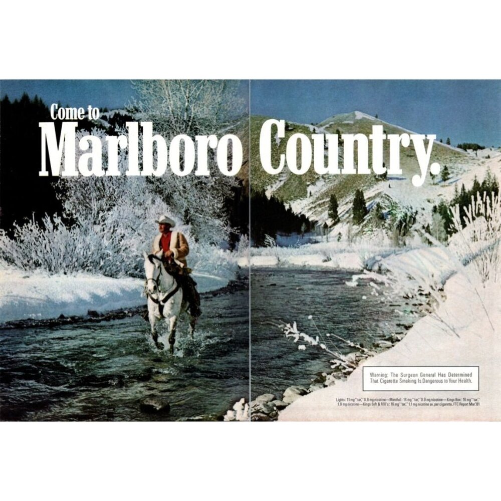 1981 Marlboro Cigarettes Cowboy White Horse Stream 2pg Vintage Print Ad Wall Art